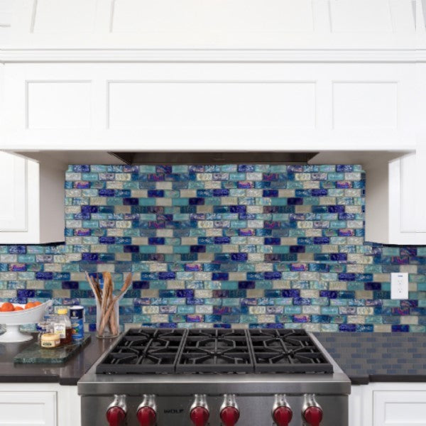 Blue Blend Waves Iridescent Glass Mosaic Tile 1x2x12