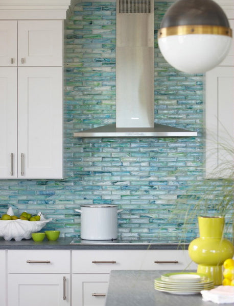 Aquamarine Iridescent Linear Glass Mosaic Tile